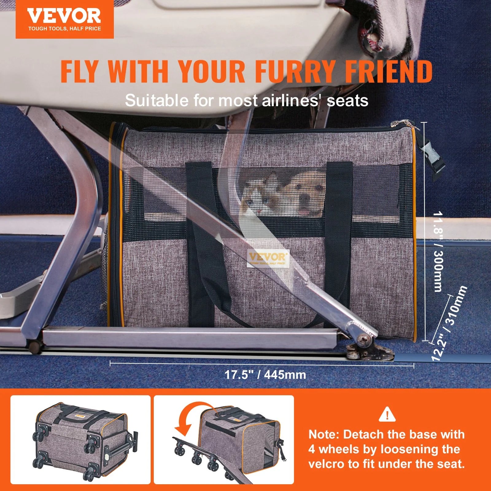 VEVOR Cat Carrier with Wheels, Airline Approved Rolling Pet Carrier 