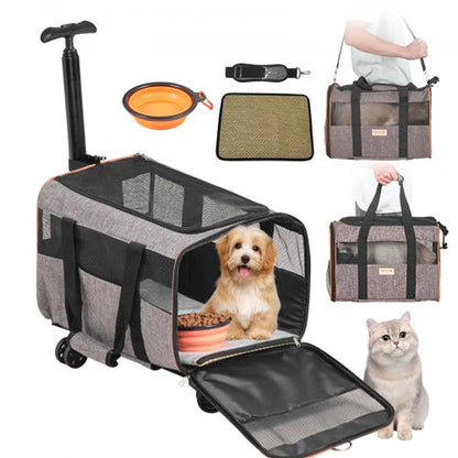 VEVOR Cat Carrier with Wheels, Airline Approved Rolling Pet Carrier 