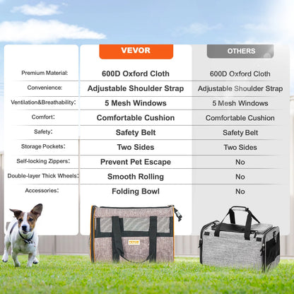 VEVOR Cat Carrier with Wheels, Airline Approved Rolling Pet Carrier 