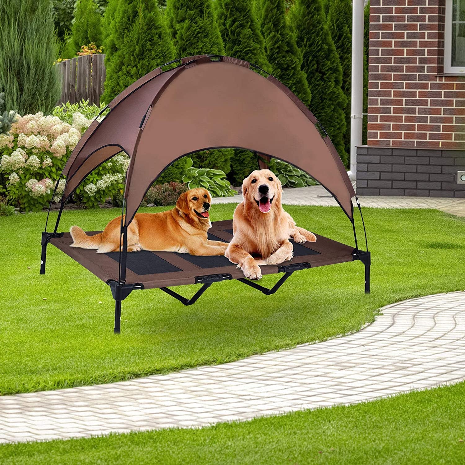 Elevated Pet Cot with Canopy, Portable Raised Pet Cot for Camping or Beach, Removable Canopy, Durable 1680D Oxford Fabric Raised Mesh Cot, Breathable Cooling Outdoor Dog Bed (Large, Brown)